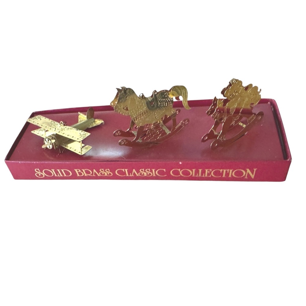 Solid Brass Classic Collection Christmas Ornaments Rocking Horse Biplane 3pc Set